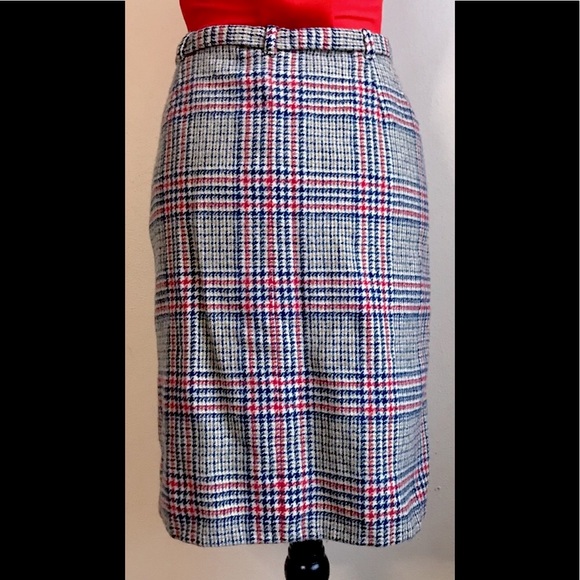 Tan, Blue & Red Plaid Wool Midi Pencil Skirt, Sz. M: Authentic Vintage Peice - Picture 4 of 7